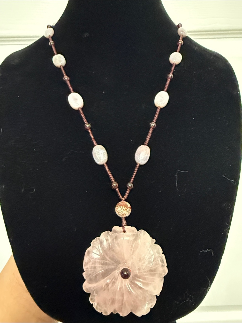 Rose Quartz Flower Pendant Necklace | Boho Pink Gemstone Necklace Vintage